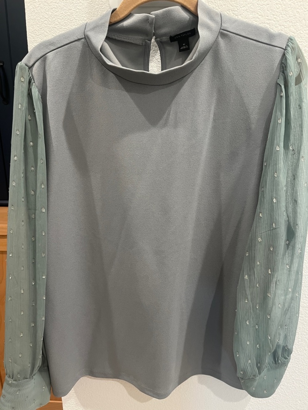 Ann Taylor Gray Top with Sheer Silver Dotted Sleeves XL